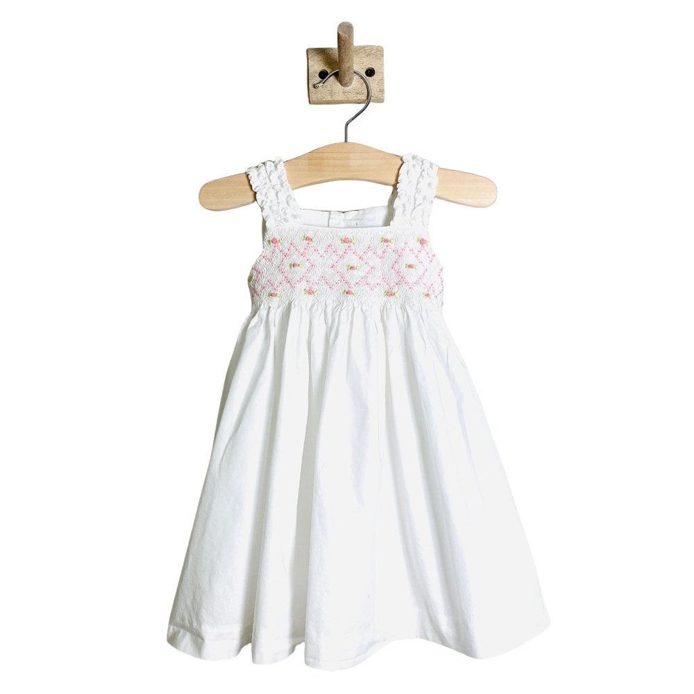 Edgehill Collection Classic Baby Girls White Dress Pink Smocking Size 18 Months